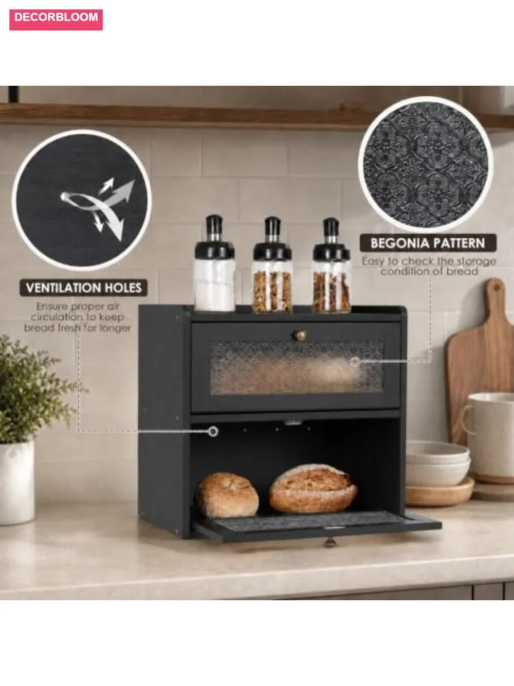 Large Pine Wood Bread Box with Magnetic Doors and Air Vents for Kitchen Counter